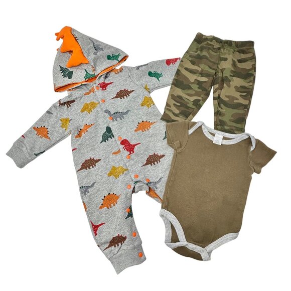 Size 6 Month - Grey Hooded Romper w/‎ Dinosaurs, Camo Pants, Green Bodysuit - Picture 1 of 13